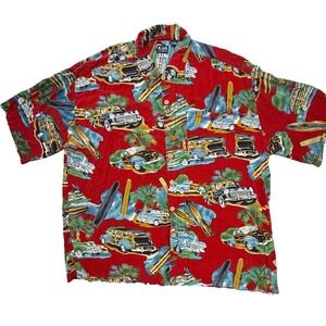 K.A.D. Clothing Co Mens 2X Red Hawaiian Shirt Vintage‎ Woodie Car Surf Rayon